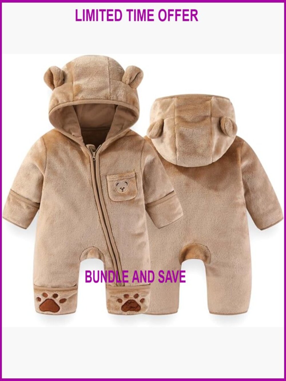 Infant Fleece Snowsuit with Fold-Over Mittens Footies Hooded Romper